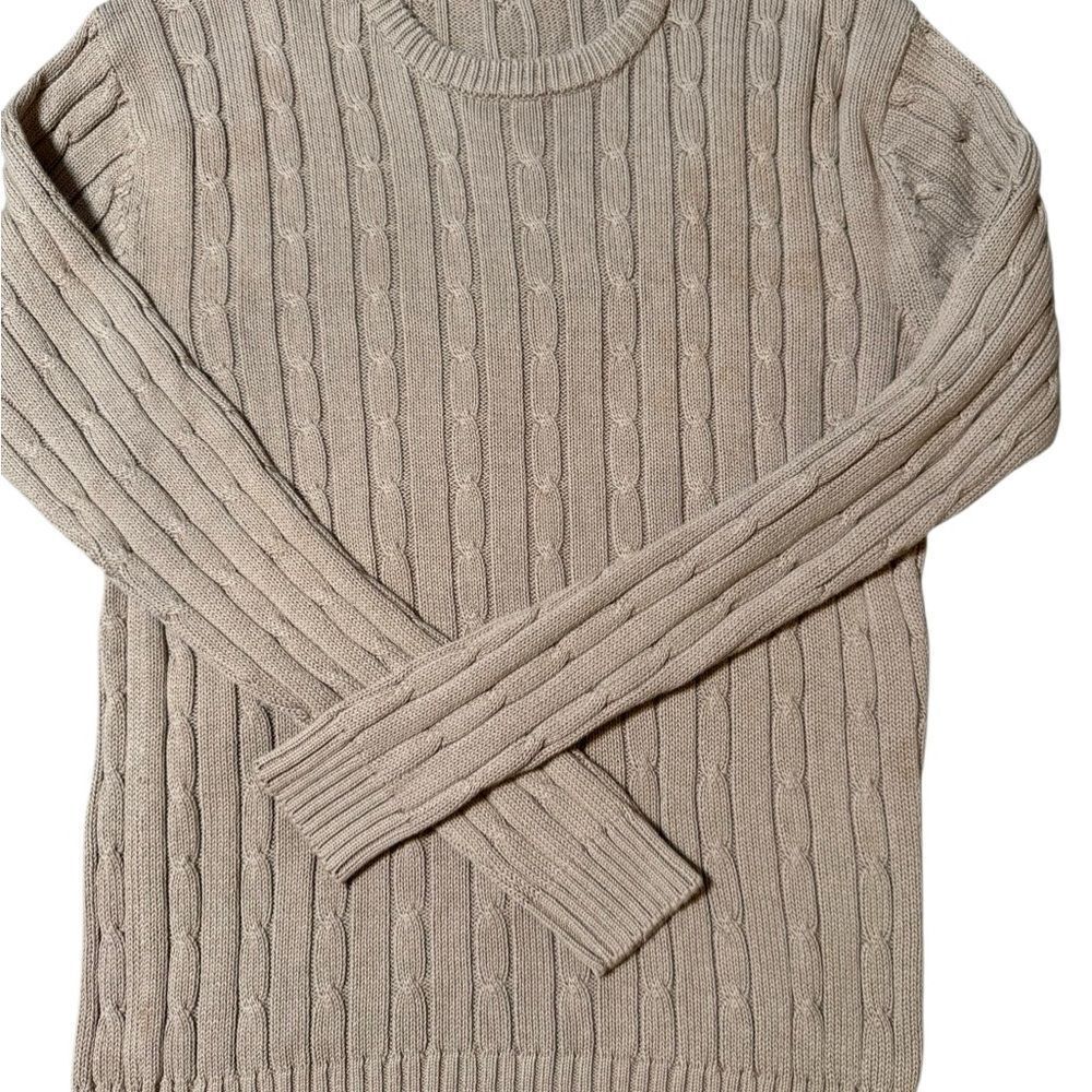 Men's Classic Tan Cable Knit Crewneck Sweater L
